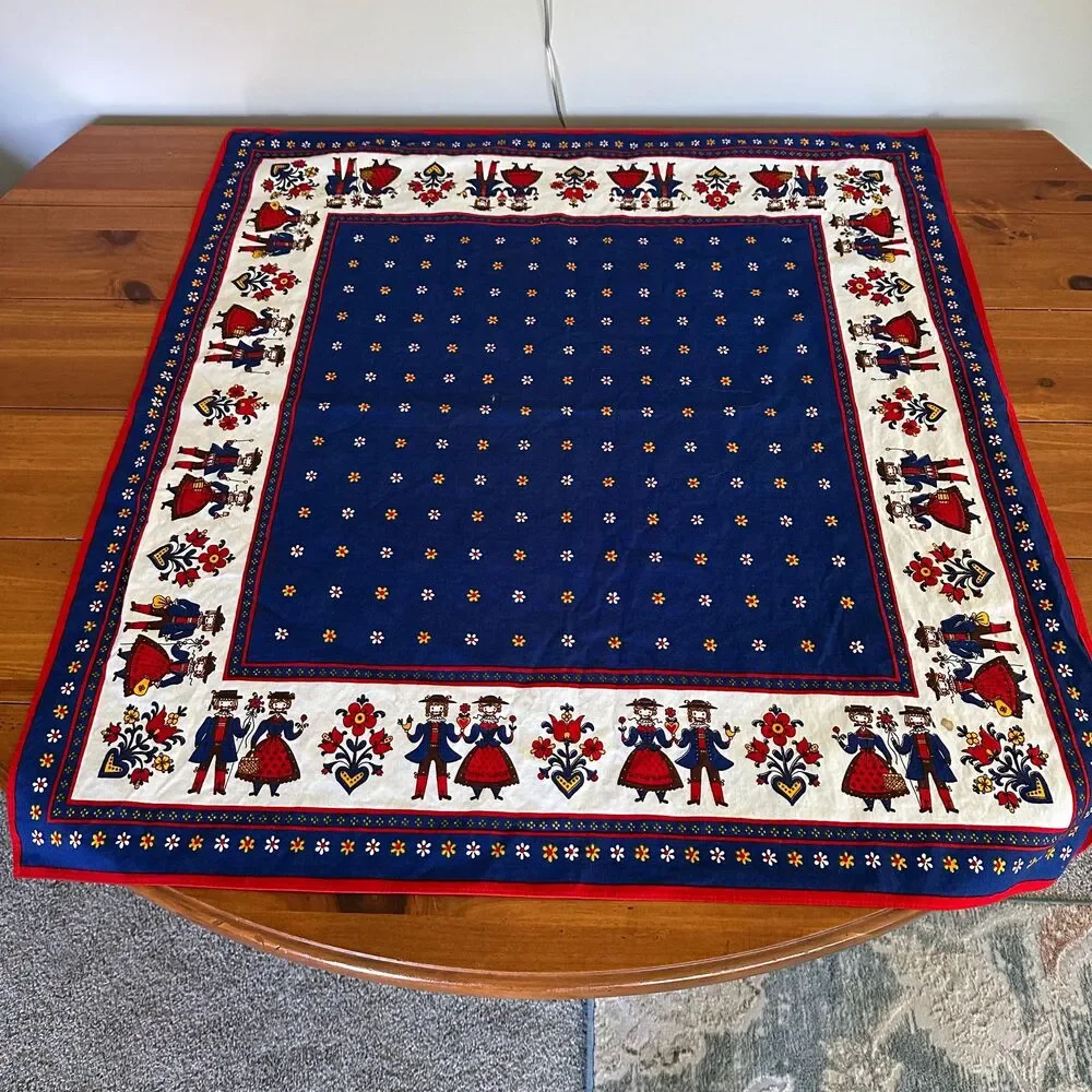 Vintage Kolf Austria Folk Art Kitchen 2 Pc Set Red Blue Bib Apron & Table Square